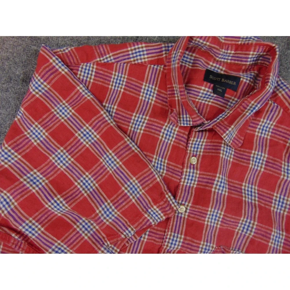 Scott Barber Shirt Mens 2XL Short Sleeve Red Plaid 100% Linen Button Up Summer‎